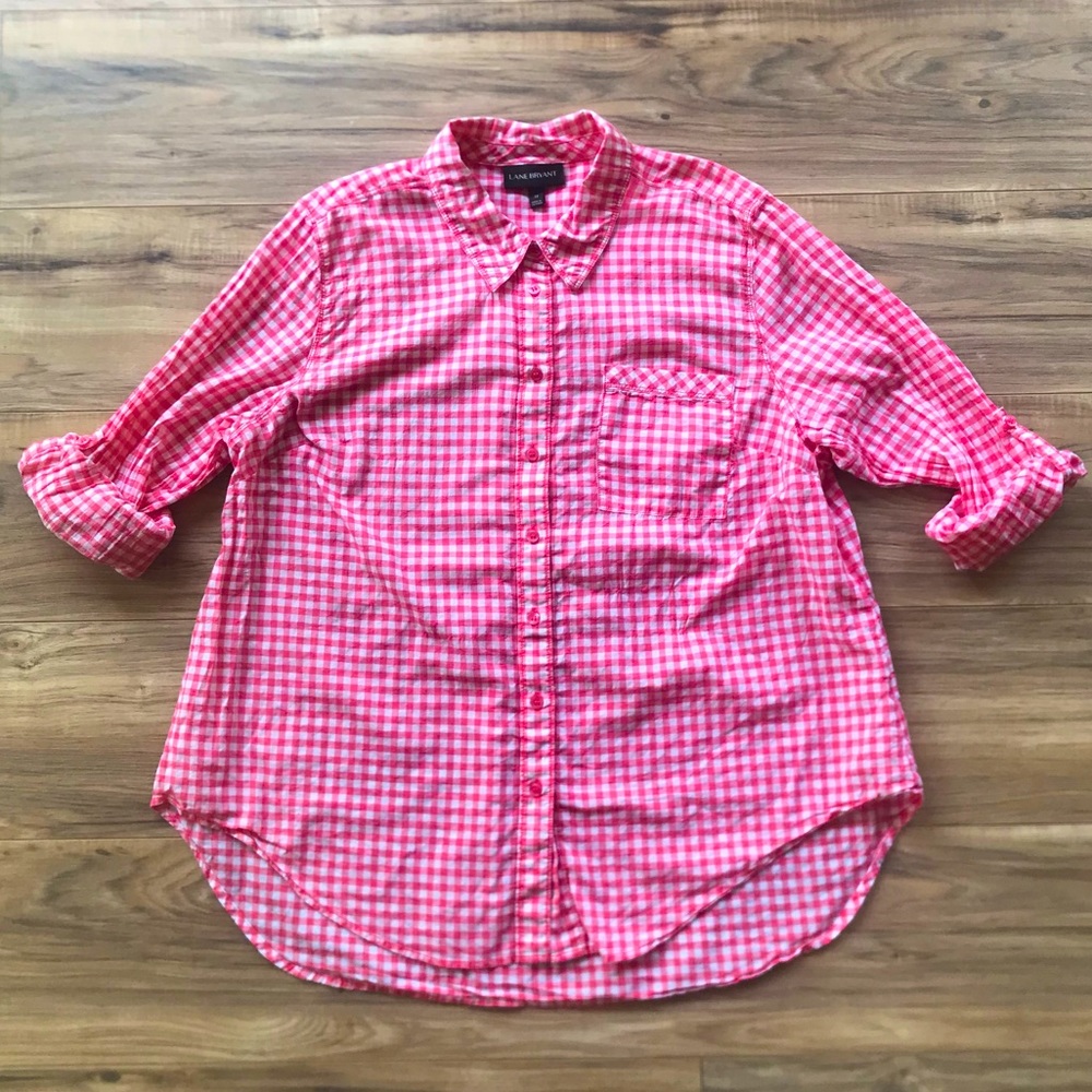 Lane Bryant Long Sleeve Button Down Red Gingham Shirt